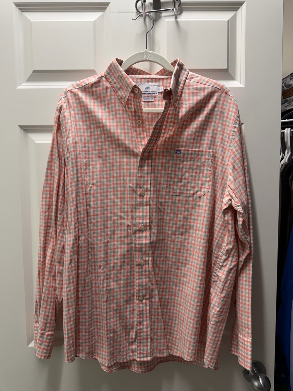 Southern Tide Men's Coral and White Plaid Button-Down Shirt